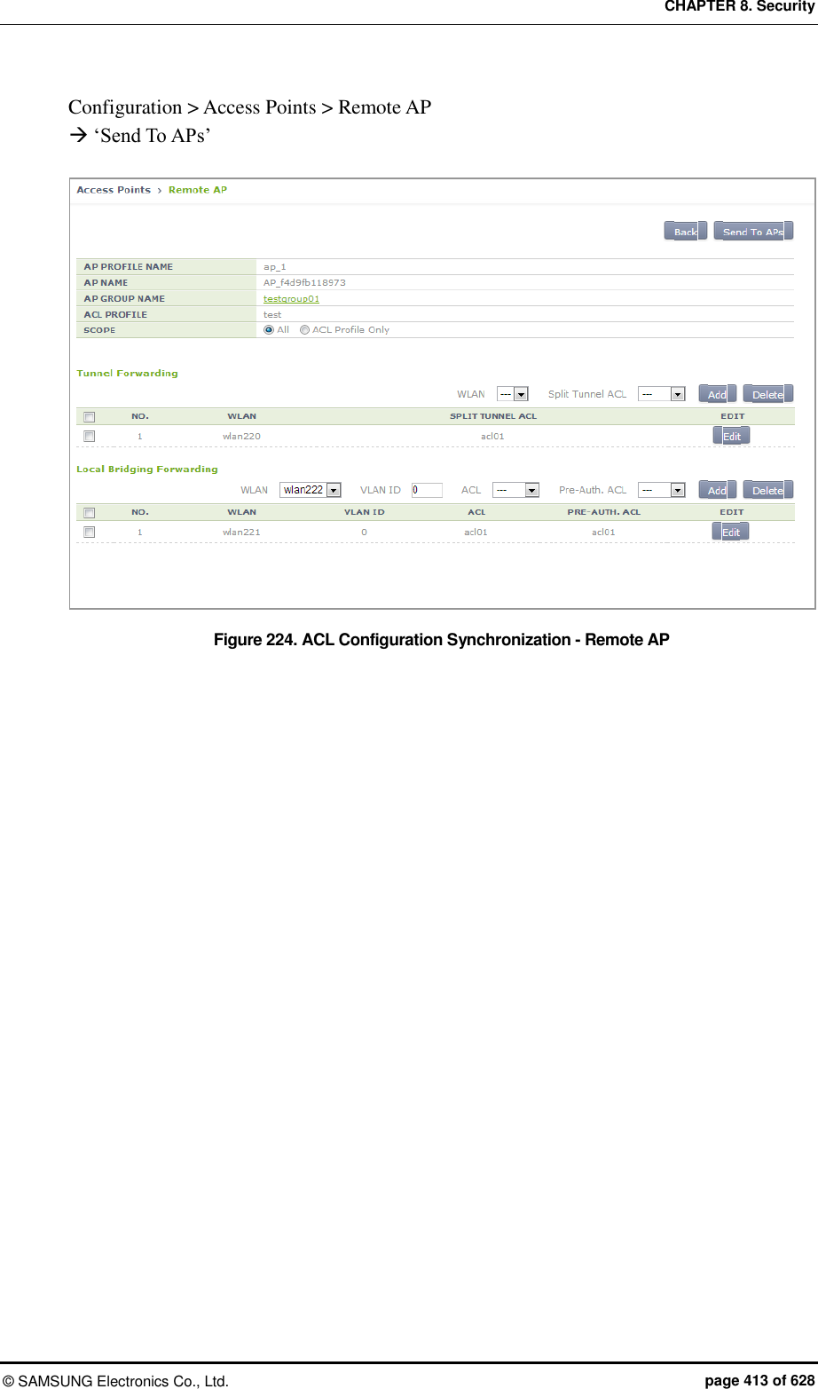 CHAPTER 8. Security &copy;  SAMSUNG Electronics Co., Ltd.  page 413 of 628 Configuration > Access Points > Remote AP  &lsquo;Send To APs&rsquo;  Figure 224. ACL Configuration Synchronization - Remote AP  