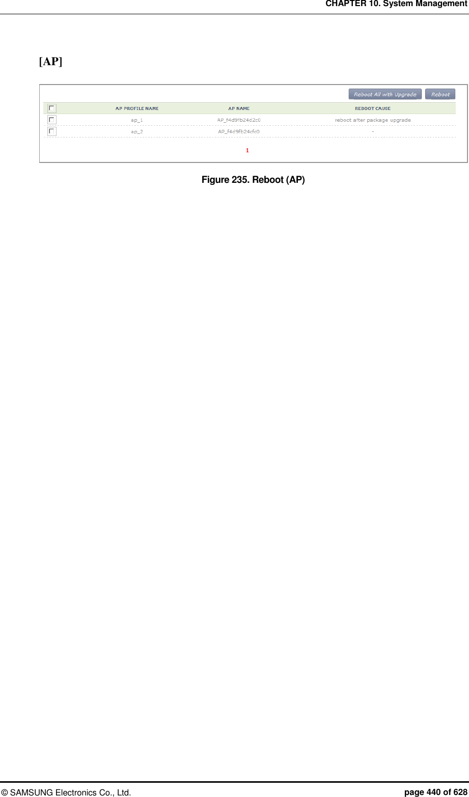 CHAPTER 10. System Management &copy;  SAMSUNG Electronics Co., Ltd.  page 440 of 628 [AP]  Figure 235. Reboot (AP)  