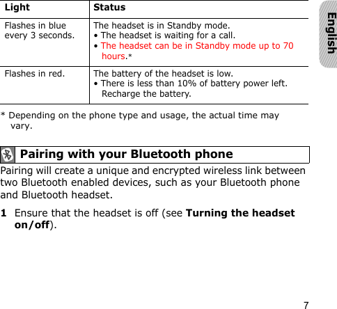 7EnglishPairing will create a unique and encrypted wireless link between two Bluetooth enabled devices, such as your Bluetooth phone and Bluetooth headset. 1Ensure that the headset is off (see Turning the headset on/off).Flashes in blue every 3 seconds.The headset is in Standby mode.• The headset is waiting for a call.• The headset can be in Standby mode up to 70 hours.*Flashes in red. The battery of the headset is low. • There is less than 10% of battery power left. Recharge the battery.* Depending on the phone type and usage, the actual time may vary.  Pairing with your Bluetooth phoneLight Status