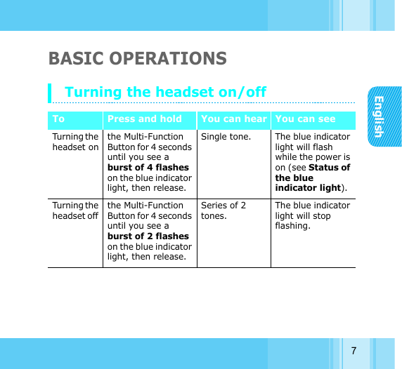 English7BASIC OPERATIONSTurning the headset on/offTo Press and hold You can hear You can seeTur ni ng t he headset onthe Multi-Function Button for 4 seconds until you see a burst of 4 flashes on the blue indicator light, then release.Single tone. The blue indicator light will flash while the power is on (see Status of the blue indicator light).Tur ni ng t he headset off the Multi-Function Button for 4 seconds until you see a burst of 2 flashes on the blue indicator light, then release.Series of 2 tones.The blue indicator light will stop flashing.