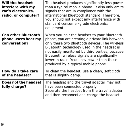 16Will the headset interfere with my car’s electronics, radio, or computer?The headset produces significantly less power than a typical mobile phone. It also only emits signals that are in compliance with the international Bluetooth standard. Therefore, you should not expect any interference with standard consumer-grade electronics equipment.Can other Bluetooth phone users hear my conversation?When you pair the headset to your Bluetooth phone, you are creating a private link between only these two Bluetooth devices. The wireless Bluetooth technology used in the headset is not easily monitored by third parties, because Bluetooth wireless signals are significantly lower in radio frequency power than those produced by a typical mobile phone.How do I take care of the headset?To clean the headset, use a clean, soft cloth that is slightly damp.Does not the headset fully charge?The headset and the travel adapter may not have been connected properly.Separate the headset from the travel adapter and then reconnect and charge the headset.
