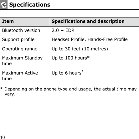 10SpecificationsItem Specifications and descriptionBluetooth version 2.0 + EDRSupport profile Headset Profile, Hands-Free ProfileOperating range Up to 30 feet (10 metres)Maximum Standby timeUp to 100 hours*Maximum Active timeUp to 6 hours** Depending on the phone type and usage, the actual time may vary.