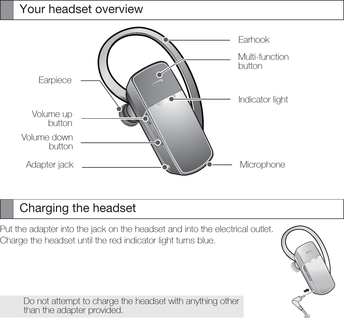 Your headset overviewCharging the headsetPut the adapter into the jack on the headset and into the electrical outlet.Charge the headset until the red indicator light turns blue.Do not attempt to charge the headset with anything other than the adapter provided.Volume down buttonVolume up buttonIndicator lightMicrophoneEarhookMulti-function buttonAdapter jackEarpiece