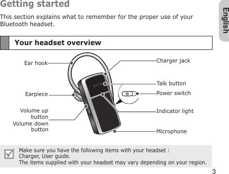 English3Getting startedThis section explains what to remember for the proper use of your Bluetooth headset.Your headset overviewEarpieceVolume down buttonIndicator lightEar hookMicrophoneVolume up buttonTalk buttonCharger jackPower switchMake sure you have the following items with your headset :  Charger, User guide.The items supplied with your headset may vary depending on your region.