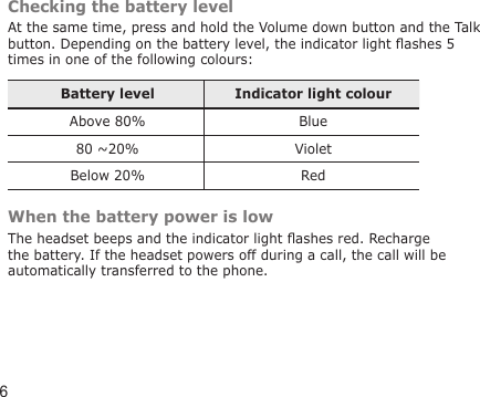6Checking the battery levelAt the same time, press and hold the Volume down button and the Talk button. Depending on the battery level, the indicator light ashes 5 times in one of the following colours:Battery level Indicator light colourAbove 80% Blue80 ~20%  VioletBelow 20% RedWhen the battery power is lowThe headset beeps and the indicator light ashes red. Recharge the battery. If the headset powers off during a call, the call will be automatically transferred to the phone.