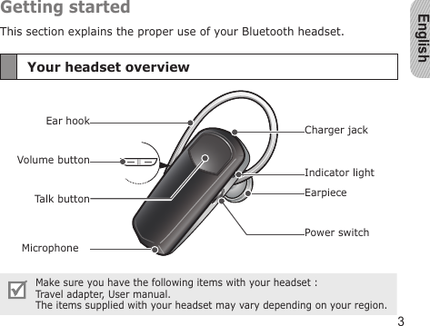 English3Getting startedThis section explains the proper use of your Bluetooth headset.Your headset overviewVolume buttonPower switchIndicator lightEar hookMicrophoneTalk buttonCharger jackEarpieceMake sure you have the following items with your headset :  Travel adapter, User manual.The items supplied with your headset may vary depending on your region.