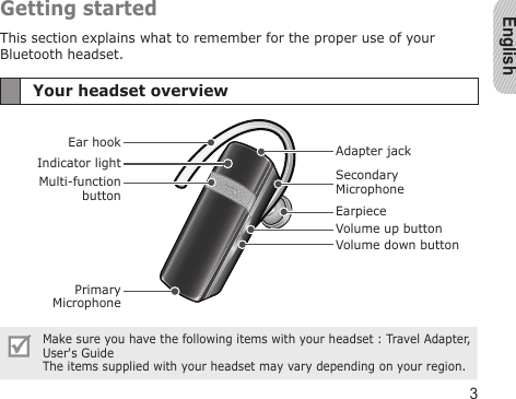 English3Getting startedThis section explains what to remember for the proper use of your Bluetooth headset.Your headset overviewMake sure you have the following items with your headset : Travel Adapter, User&apos;s GuideThe items supplied with your headset may vary depending on your region.Indicator lightVolume down buttonAdapter jackEar hookPrimary MicrophoneVolume up buttonEarpieceMulti-function buttonSecondary Microphone