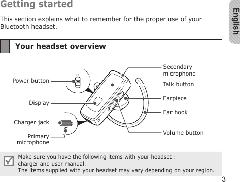 English3Getting startedThis section explains what to remember for the proper use of your Bluetooth headset.Your headset overviewMake sure you have the following items with your headset :  charger and user manual.The items supplied with your headset may vary depending on your region.DisplayVolume buttonEarpiecePower buttonCharger jackTalk buttonEar hookPrimarymicrophoneSecondarymicrophone