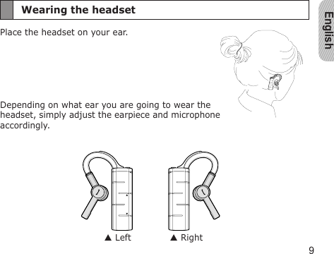 English9Wearing the headsetPlace the headset on your ear. Depending on what ear you are going to wear the headset, simply adjust the earpiece and microphone accordingly. Left  Right