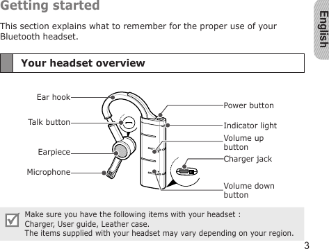 English3Getting startedThis section explains what to remember for the proper use of your Bluetooth headset.Your headset overviewMake sure you have the following items with your headset :  Charger, User guide, Leather case.The items supplied with your headset may vary depending on your region.EarpieceVolume down buttonIndicator lightEar hookVolume up buttonTalk buttonCharger jackMicrophonePower button