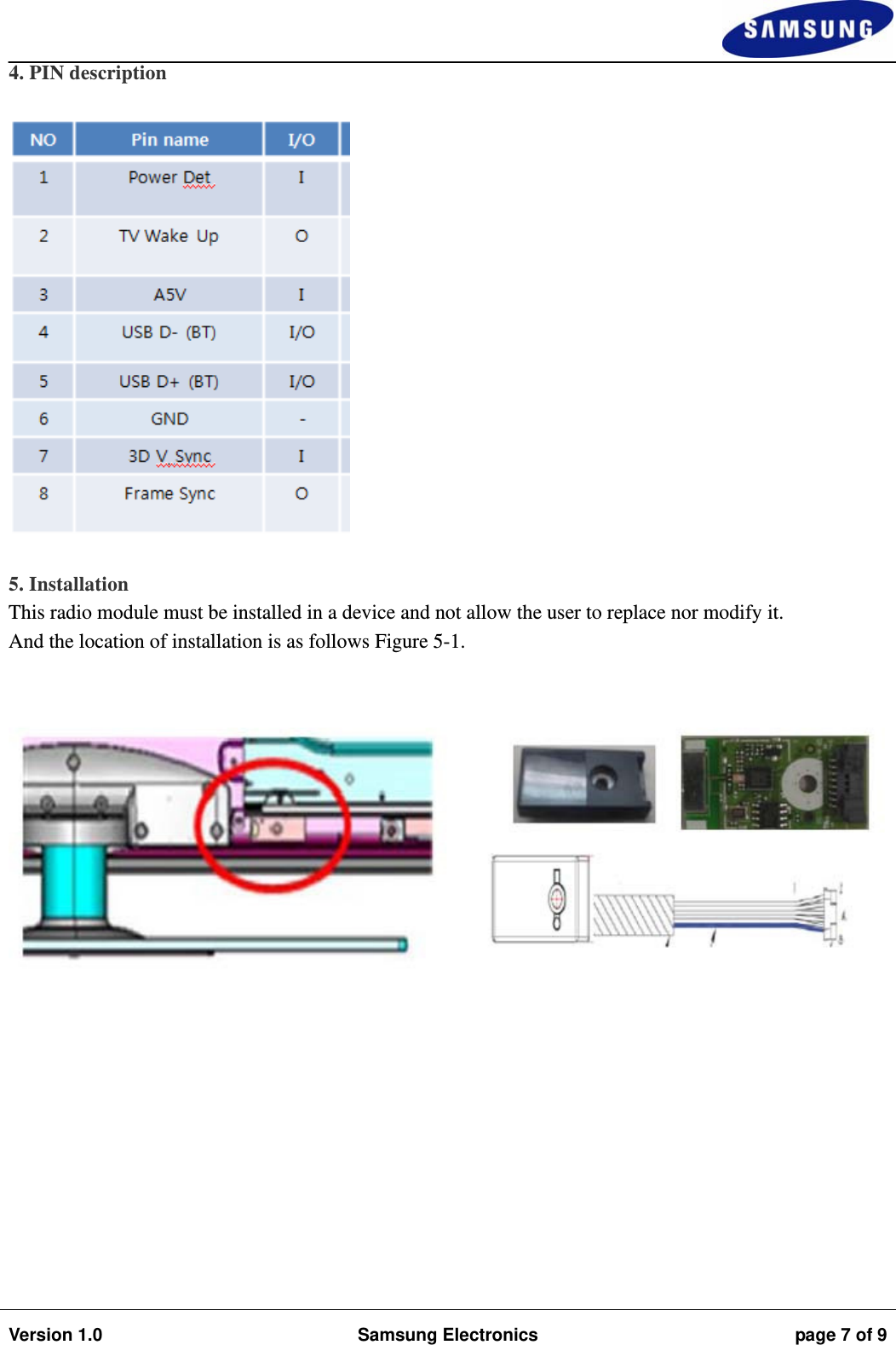                                                                                                                                                                    Version 1.0  Samsung Electronics  page 7 of 9  4. PIN description    5. Installation This radio module must be installed in a device and not allow the user to replace nor modify it. And the location of installation is as follows Figure 5-1.   