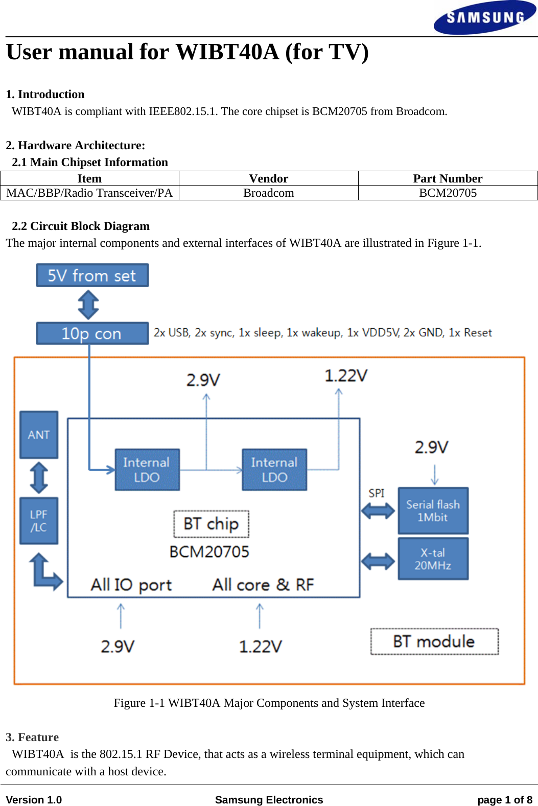                                                                                                                                                                    Version 1.0  Samsung Electronics  page 1 of 8  User manual for WIBT40A (for TV)  1. Introduction WIBT40A is compliant with IEEE802.15.1. The core chipset is BCM20705 from Broadcom.  2. Hardware Architecture: 2.1 Main Chipset Information Item Vendor Part Number MAC/BBP/Radio Transceiver/PA Broadcom BCM20705  2.2 Circuit Block Diagram The major internal components and external interfaces of WIBT40A are illustrated in Figure 1-1.  Figure 1-1 WIBT40A Major Components and System Interface  3. Feature WIBT40A  is the 802.15.1 RF Device, that acts as a wireless terminal equipment, which can communicate with a host device. 