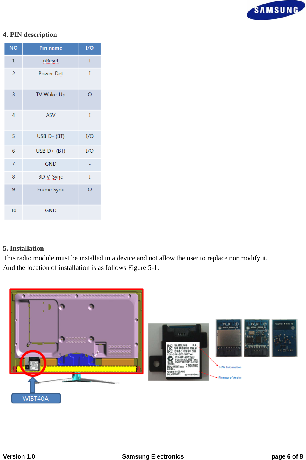                                                                                                                                                                    Version 1.0  Samsung Electronics  page 6 of 8   4. PIN description    5. Installation This radio module must be installed in a device and not allow the user to replace nor modify it. And the location of installation is as follows Figure 5-1.   