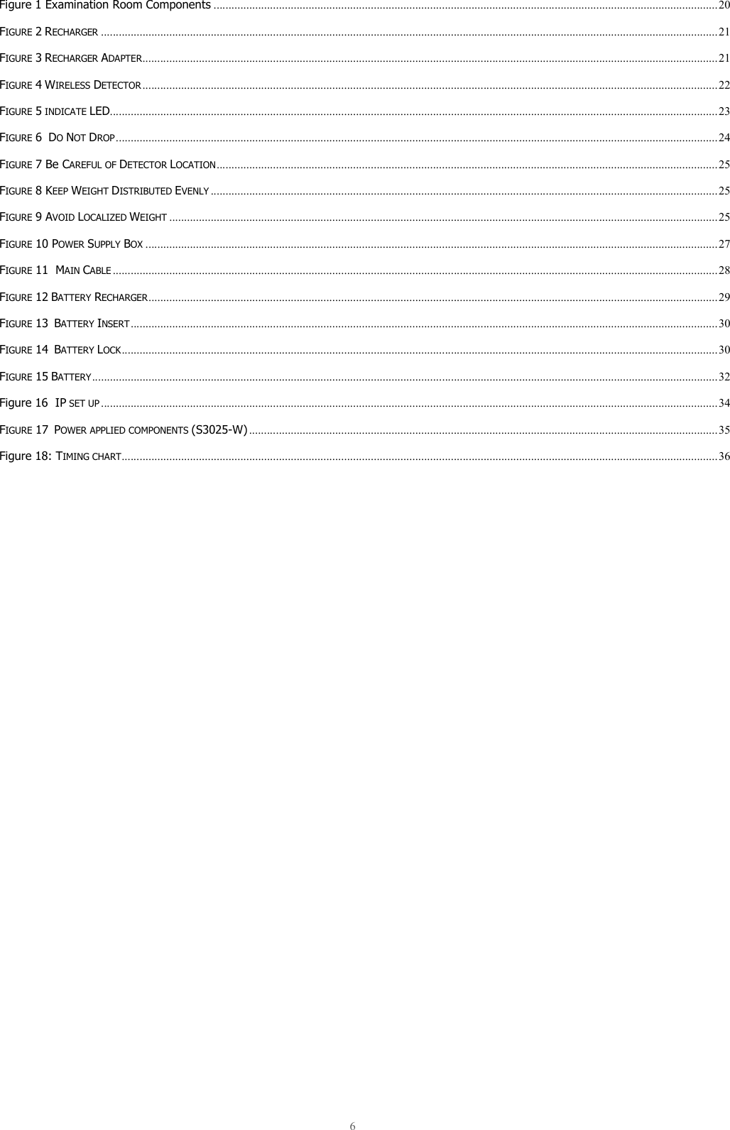  6  Figure 1 Examination Room Components .......................................................................................................................................................................... 20 FIGURE 2 RECHARGER ................................................................................................................................................................................................................ 21 FIGURE 3 RECHARGER ADAPTER .................................................................................................................................................................................................. 21 FIGURE 4 WIRELESS DETECTOR .................................................................................................................................................................................................. 22 FIGURE 5 INDICATE LED............................................................................................................................................................................................................. 23 FIGURE 6  DO NOT DROP ........................................................................................................................................................................................................... 24 FIGURE 7 Be CAREFUL OF DETECTOR LOCATION ......................................................................................................................................................................... 25 FIGURE 8 KEEP WEIGHT DISTRIBUTED EVENLY ........................................................................................................................................................................... 25 FIGURE 9 AVOID LOCALIZED WEIGHT ......................................................................................................................................................................................... 25 FIGURE 10 POWER SUPPLY BOX ................................................................................................................................................................................................. 27 FIGURE 11  MAIN CABLE ............................................................................................................................................................................................................ 28 FIGURE 12 BATTERY RECHARGER ................................................................................................................................................................................................ 29 FIGURE 13  BATTERY INSERT ...................................................................................................................................................................................................... 30 FIGURE 14  BATTERY LOCK ......................................................................................................................................................................................................... 30 FIGURE 15 BATTERY ................................................................................................................................................................................................................... 32 Figure 16  IP SET UP ................................................................................................................................................................................................................ 34 FIGURE 17  POWER APPLIED COMPONENTS (S3025-W) .............................................................................................................................................................. 35 Figure 18: TIMING CHART ......................................................................................................................................................................................................... 36     