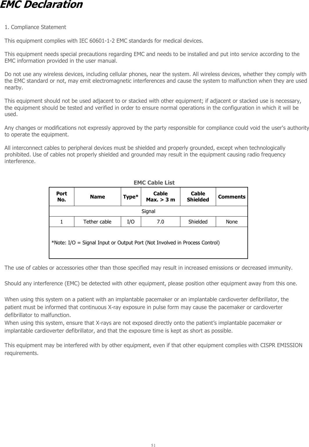  51   EMC Declaration    1. Compliance Statement  This equipment complies with IEC 60601-1-2 EMC standards for medical devices.  This equipment needs special precautions regarding EMC and needs to be installed and put into service according to the EMC information provided in the user manual.  Do not use any wireless devices, including cellular phones, near the system. All wireless devices, whether they comply with the EMC standard or not, may emit electromagnetic interferences and cause the system to malfunction when they are used nearby.  This equipment should not be used adjacent to or stacked with other equipment; if adjacent or stacked use is necessary, the equipment should be tested and verified in order to ensure normal operations in the configuration in which it will be used.  Any changes or modifications not expressly approved by the party responsible for compliance could void the user&apos;s authority to operate the equipment.   All interconnect cables to peripheral devices must be shielded and properly grounded, except when technologically prohibited. Use of cables not properly shielded and grounded may result in the equipment causing radio frequency interference.   EMC Cable List Port No.  Name  Type* Cable Max. &gt; 3 m Cable Shielded  Comments Signal 1  Tether cable  I/O  7.0   Shielded  None *Note: I/O = Signal Input or Output Port (Not Involved in Process Control)  The use of cables or accessories other than those specified may result in increased emissions or decreased immunity.    Should any interference (EMC) be detected with other equipment, please position other equipment away from this one.  When using this system on a patient with an implantable pacemaker or an implantable cardioverter defibrillator, the patient must be informed that continuous X-ray exposure in pulse form may cause the pacemaker or cardioverter defibrillator to malfunction. When using this system, ensure that X-rays are not exposed directly onto the patient’s implantable pacemaker or implantable cardioverter defibrillator, and that the exposure time is kept as short as possible.    This equipment may be interfered with by other equipment, even if that other equipment complies with CISPR EMISSION requirements.      