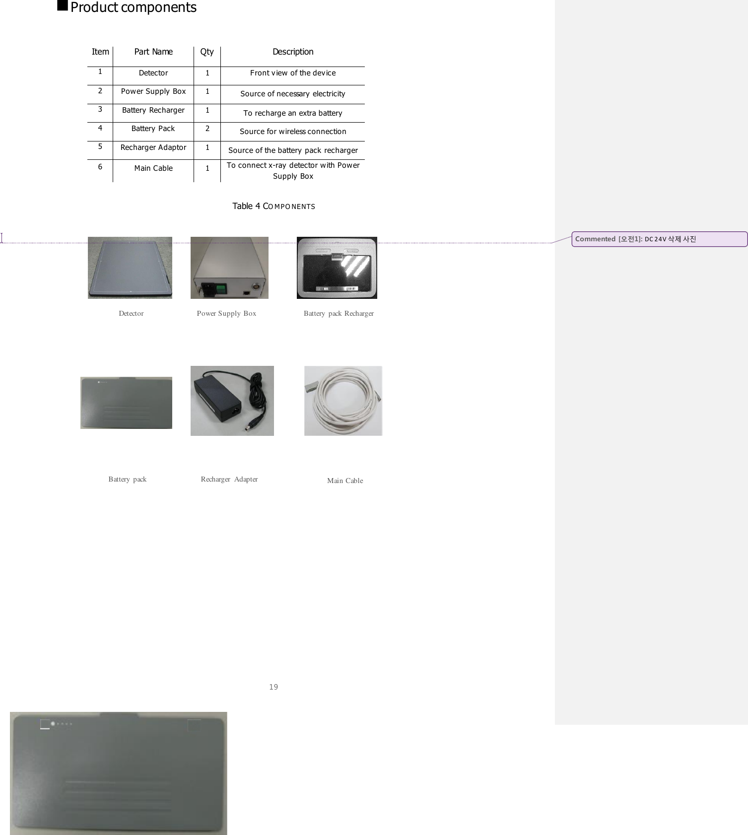  19    Product components  Item Part Name Qty Description 1 Detector 1 Front v iew of the dev ice 2 Power Supply Box 1 Source of necessary electricity 3 Battery  Recharger 1 To recharge an extra battery 4 Battery  Pack  2 Source for wireless connection 5 Recharger Adaptor 1 Source of the battery  pack recharger 6 Main Cable 1 To connect x-ray  detector with Power Supply Box  Table 4 CO M PO NENTS                            Recharger  Adapter Detector Power Supply Box Battery  pack Recharger Battery  pack Main Cable Commented [오전1]: DC 24V 삭제 사진 