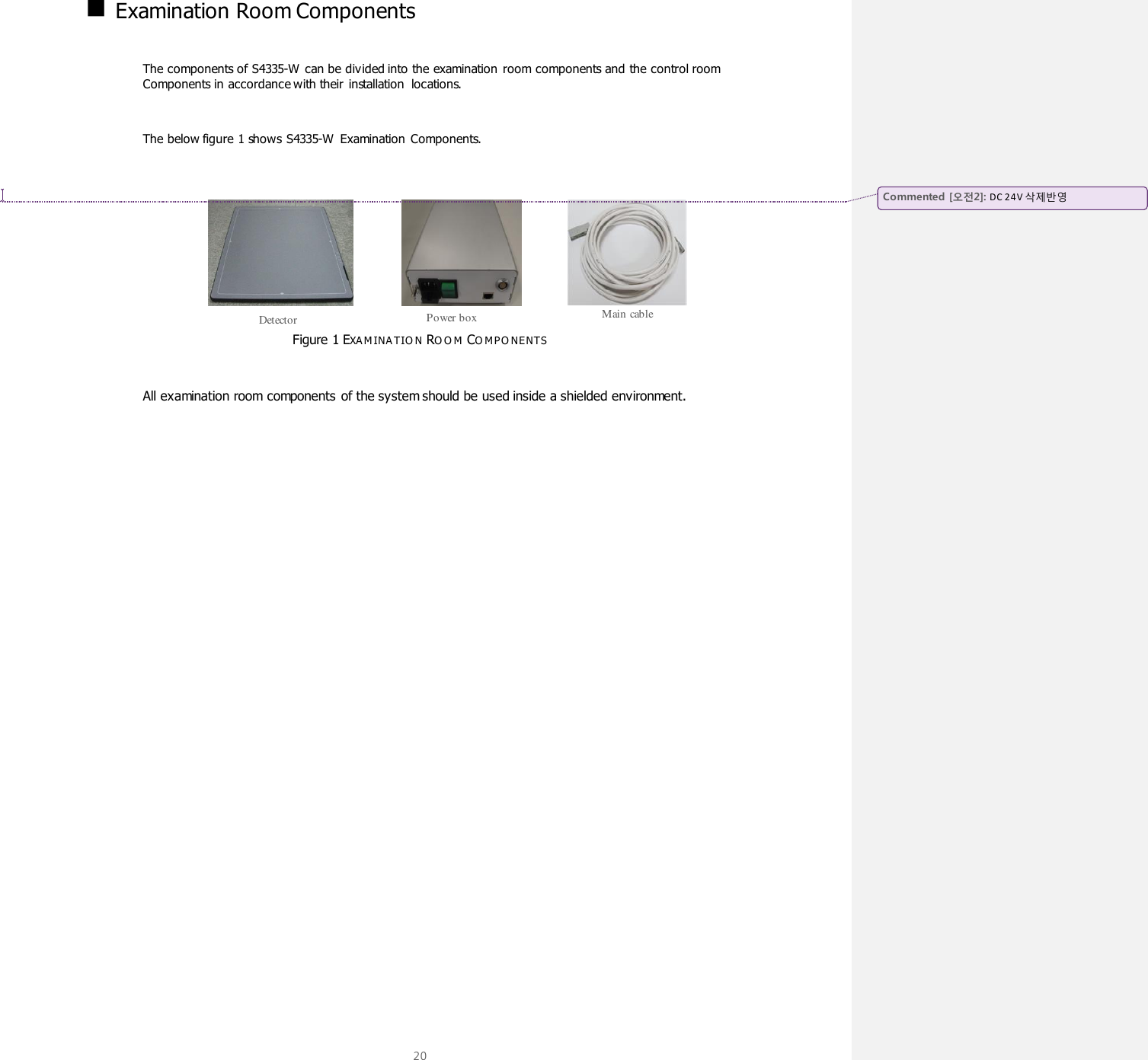  20       Examination Room Components  The components of S4335-W  can be divided into the examination  room components and the control room Components in accordance with their installation  locations.   The below figure 1 shows S4335-W  Examination Components.                                                                            Figure 1 EXA M INA TIO N RO O M  CO M PO NE NTS  All examination room components of the system should be used inside a shielded environment. Detector Power box Main cable Commented [오전2]: DC 24V 삭제반영 