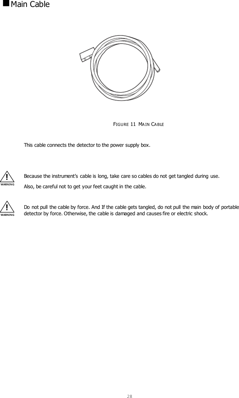  28    Main Cable            FIGURE 11  MA IN CA BLE   This cable connects the detector to the power supply box.   Because the instrument’s cable is long, take care so cables do not get tangled during use.  Also, be careful not to get your feet caught in the cable.  Do not pull the cable by force. And If the cable gets tangled, do not pull the main body of portable detector by force. Otherwise, the cable is damaged and causes fire or electric shock.    WARNIN G WARNIN G 