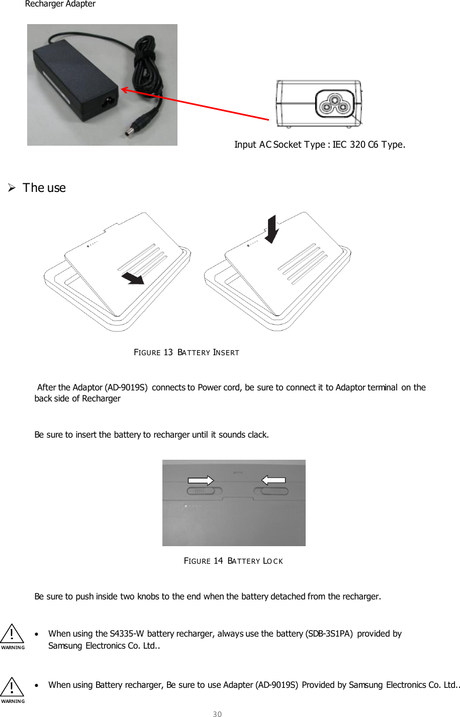  30  Recharger Adapter        Input AC Socket Type : IEC 320 C6 Type.   The use         FIGURE 13  BA TTERY INS ERT   After the Adaptor (AD-9019S)  connects to Power cord, be sure to connect it to Adaptor terminal  on the back side of Recharger  Be sure to insert the battery to recharger until it sounds clack.        FIGURE 14  BA TTERY LO C K  Be sure to push inside two knobs to the end when the battery detached from the recharger.   When using the S4335-W battery recharger, always use the battery (SDB-3S1PA)  provided by Samsung Electronics Co. Ltd..   When using Battery recharger, Be sure to use Adapter (AD-9019S)  Provided by Samsung Electronics Co. Ltd.. WARNIN G WARNIN G 