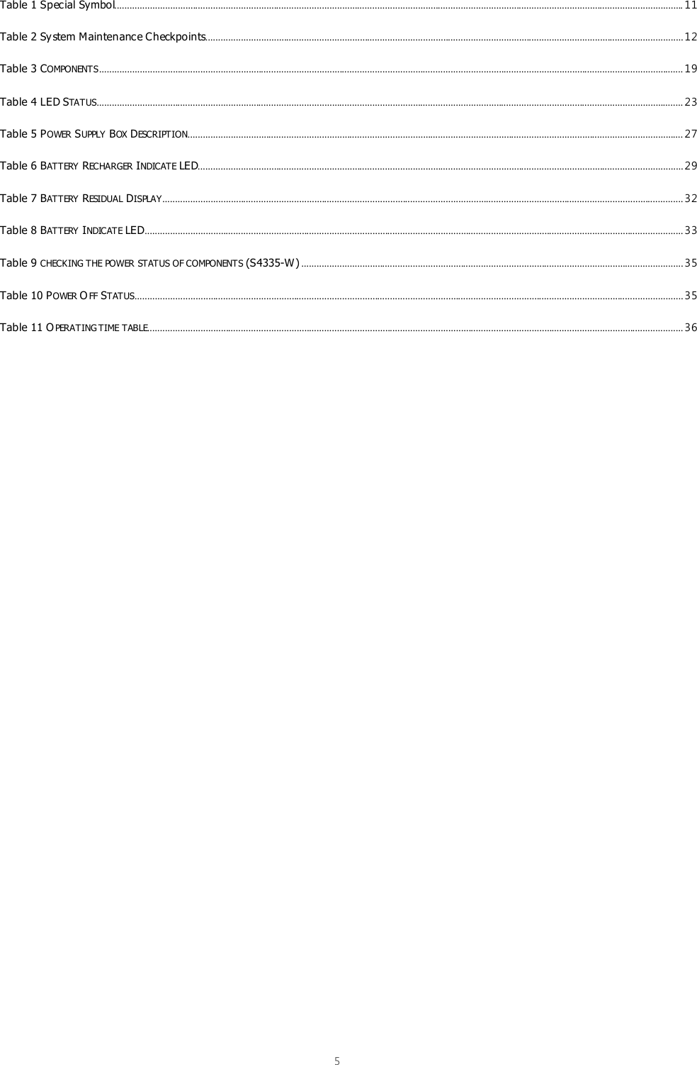  5  Table 1 Special Symbol................................................................................................................................................................................................................................. 11 Table 2 System Maintenance Checkpoints............................................................................................................................................................................................. 12 Table 3 COMPONENTS ....................................................................................................................................................................................................................................... 19 Table 4 LED STATUS ........................................................................................................................................................................................................................................ 23 Table 5 POWER SUPPLY BOX DESCRIPTION.................................................................................................................................................................................................... 27 Table 6 BATTERY RECHARGER INDICATE LED................................................................................................................................................................................................ 29 Table 7 BATTERY RESIDUAL DISPLAY.............................................................................................................................................................................................................. 32 Table 8 BATTERY INDICATE LED..................................................................................................................................................................................................................... 33 Table 9 CHECKING THE POWER STATUS OF COMPONENTS (S4335-W) ....................................................................................................................................................... 35 Table 10 POWER OFF  STATUS ......................................................................................................................................................................................................................... 35 Table 11 OPERATING TIME TABLE.................................................................................................................................................................................................................... 36     