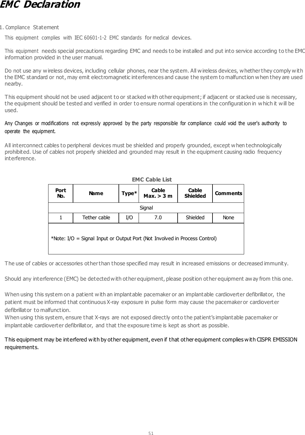  51   EMC Declaration    1. Complianc e Statement  This equipment  complies  with IEC 60601-1-2  EMC  standards for medical devices.  This equipment needs special precautions regarding EMC and needs to be installed and put into service according to the EMC information provided in the user manual.  Do not use any w ireless devices, including cellular phones, near the system. All wireless devices, w hether they comply w ith the EMC standard or not, may emit electromagnetic interferences and cause the system to malfunction w hen they are used nearby.  This equipment should not be used adjacent to or stacked w ith other equipment; if adjacent or stacked use is necessary, the equipment should be tested and verified in order to ensure normal operations in the configuration in w hich it w ill be used.  Any  Changes  or modifications  not  expressly  approved  by the  party  responsible  for compliance  could  void the  user&apos;s authority  to operate  the  equipment.    All interconnect cables to peripheral devices must be shielded and properly grounded, except when technologically prohibited. Use of cables not properly shielded and grounded may result in the equipment causing radio frequency interference.   EMC Cable List Port No. Name Type* Cable Max. &gt; 3 m Cable Shielded Comments Signal 1 Tether cable I/O 7.0  Shielded None *Note: I/O = Signal Input or Output Port (Not Involved in Process Control)  The use of cables or accessories other than those specified may result in increased emissions or decreased immunity.    Should any interference (EMC) be detected with other equipment, please position other equipment away from this one.  When using this system on a patient w ith an implantable pacemaker or an implantable cardioverter defibrillator, the patient must be informed that continuous X-ray exposure in pulse form may cause the pacemaker or cardioverter defibrillator to malfunction. When using this system, ensure that X-rays are not exposed directly onto the patient’s implantable pacemaker or implantable cardioverter defibrillator,  and that the exposure time is kept  as short as possible.    This equipment may be interfered w ith by other equipment, even if that other equipment complies with CISPR EMISSION requirements.      