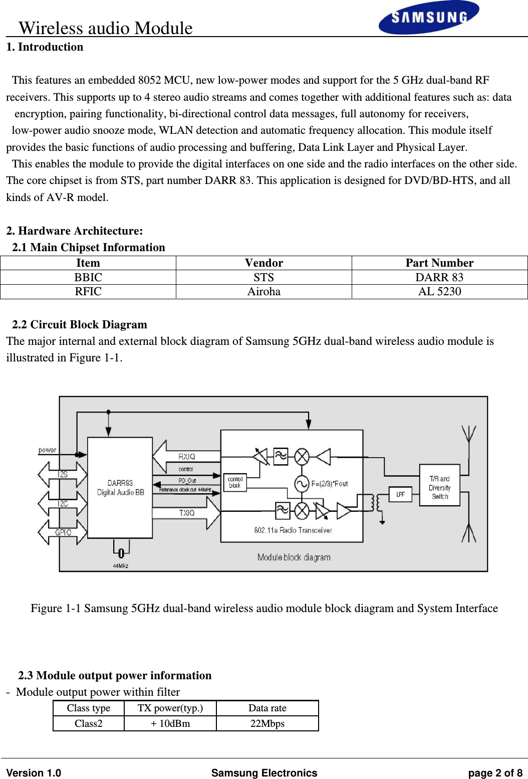     Wireless audio Module                                                                        Version 1.0  Samsung Electronics  page 2 of 8   1. Introduction  This features an embedded 8052 MCU, new low-power modes and support for the 5 GHz dual-band RF receivers. This supports up to 4 stereo audio streams and comes together with additional features such as: data   encryption, pairing functionality, bi-directional control data messages, full autonomy for receivers, low-power audio snooze mode, WLAN detection and automatic frequency allocation. This module itself provides the basic functions of audio processing and buffering, Data Link Layer and Physical Layer. This enables the module to provide the digital interfaces on one side and the radio interfaces on the other side. The core chipset is from STS, part number DARR 83. This application is designed for DVD/BD-HTS, and all kinds of AV-R model.  2. Hardware Architecture: 2.1 Main Chipset Information Item Vendor Part Number BBIC STS DARR 83 RFIC Airoha AL 5230  2.2 Circuit Block Diagram The major internal and external block diagram of Samsung 5GHz dual-band wireless audio module is illustrated in Figure 1-1.    Figure 1-1 Samsung 5GHz dual-band wireless audio module block diagram and System Interface    2.3 Module output power information -  Module output power within filter Class type  TX power(typ.)  Data rate  Class2 + 10dBm  22Mbps  