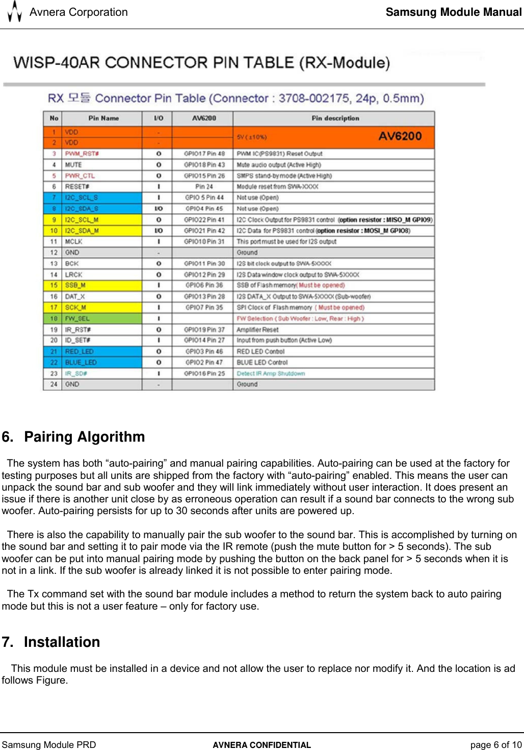 Avnera Corporation  Samsung Module Manual   Samsung Module PRD  AVNERA CONFIDENTIAL page 6 of 10    6. Pairing Algorithm The system has both “auto-pairing” and manual pairing capabilities. Auto-pairing can be used at the factory for testing purposes but all units are shipped from the factory with “auto-pairing” enabled. This means the user can unpack the sound bar and sub woofer and they will link immediately without user interaction. It does present an issue if there is another unit close by as erroneous operation can result if a sound bar connects to the wrong sub woofer. Auto-pairing persists for up to 30 seconds after units are powered up.  There is also the capability to manually pair the sub woofer to the sound bar. This is accomplished by turning on the sound bar and setting it to pair mode via the IR remote (push the mute button for &gt; 5 seconds). The sub woofer can be put into manual pairing mode by pushing the button on the back panel for &gt; 5 seconds when it is not in a link. If the sub woofer is already linked it is not possible to enter pairing mode.  The Tx command set with the sound bar module includes a method to return the system back to auto pairing mode but this is not a user feature – only for factory use.   7. Installation  This module must be installed in a device and not allow the user to replace nor modify it. And the location is ad follows Figure. 