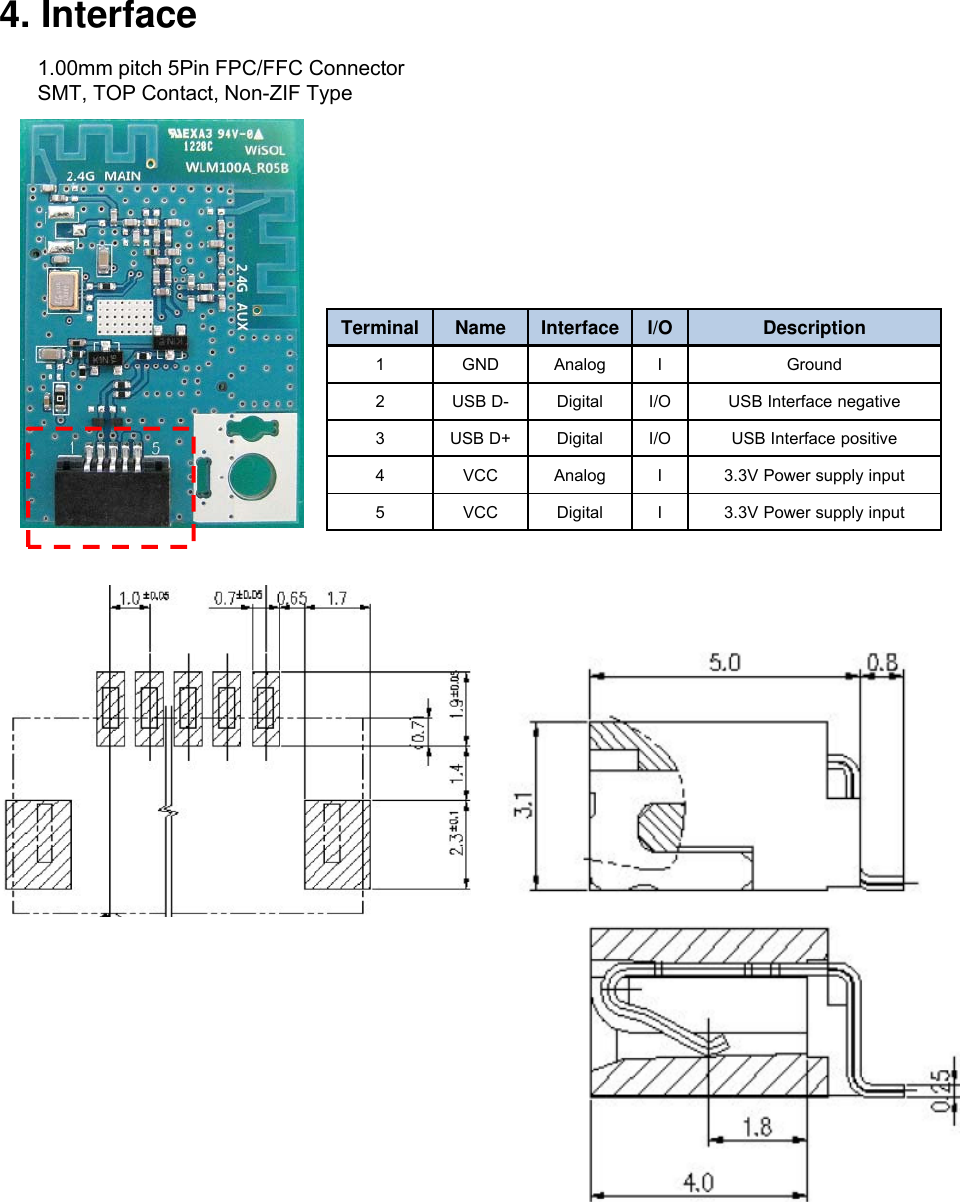 4. InterfaceTerminal Name Interface I/O Description1 GND Analog I Ground2 USB D- Digital I/O USB Interface negative3 USB D+ Digital I/O USB Interface positive4 VCC Analog I 3.3V Power supply input5 VCC Digital I 3.3V Power supply input1.00mm pitch 5Pin FPC/FFC ConnectorSMT, TOP Contact, Non-ZIF Type
