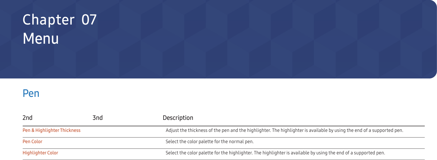 35Pen2nd 3nd DescriptionPen &amp; Highlighter Thickness Adjust the thickness of the pen and the highlighter. The highlighter is available by using the end of a supported pen.Pen Color Select the color palette for the normal pen.Highlighter Color Select the color palette for the highlighter. The highlighter is available by using the end of a supported pen.MenuChapter  07