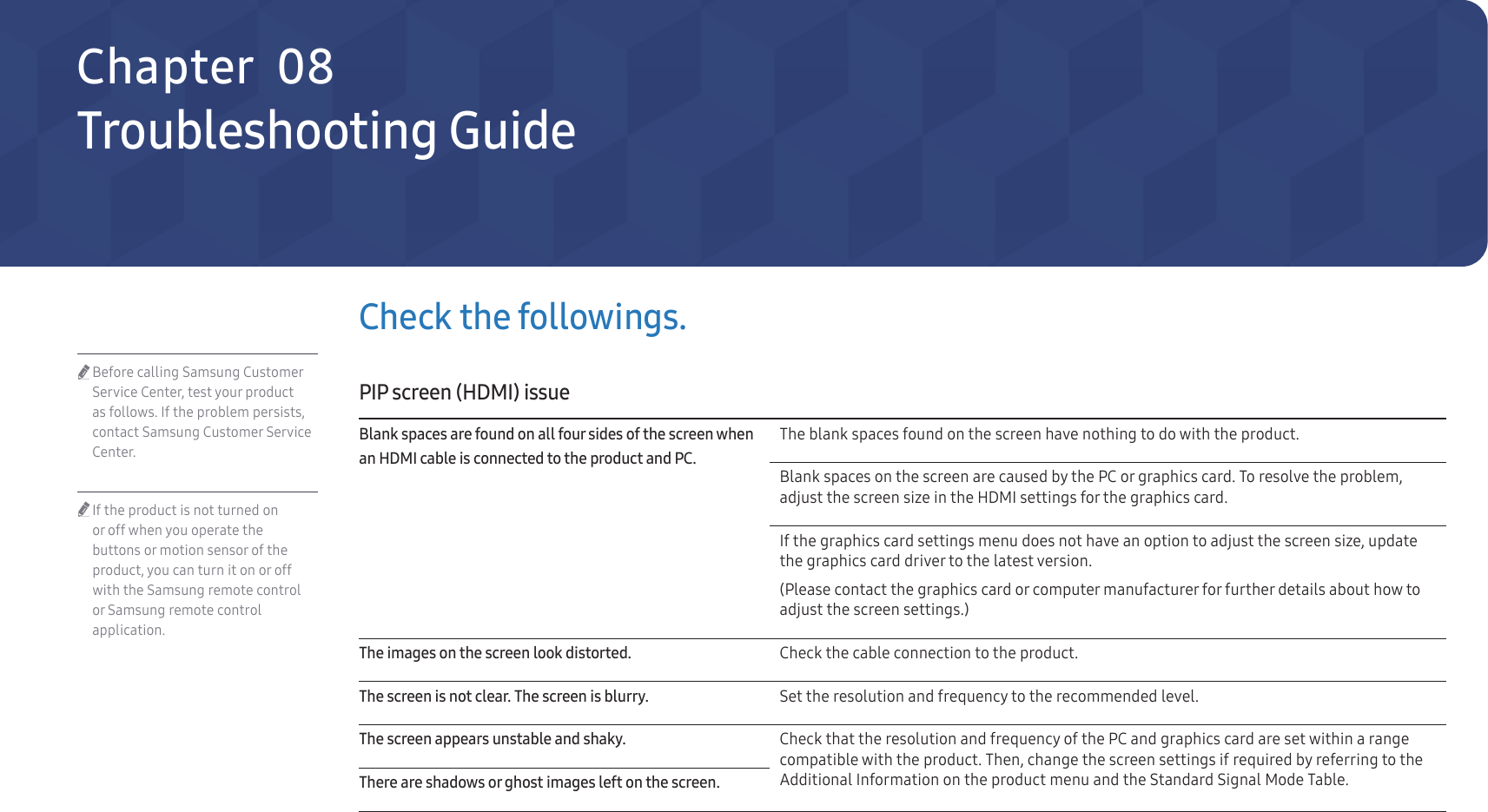40Troubleshooting GuideCheck the followings.PIP screen (HDMI) issueBlank spaces are found on all four sides of the screen when an HDMI cable is connected to the product and PC.The blank spaces found on the screen have nothing to do with the product.Blank spaces on the screen are caused by the PC or graphics card. To resolve the problem, adjust the screen size in the HDMI settings for the graphics card.If the graphics card settings menu does not have an option to adjust the screen size, update the graphics card driver to the latest version.(Please contact the graphics card or computer manufacturer for further details about how to adjust the screen settings.)The images on the screen look distorted.Check the cable connection to the product.The screen is not clear. The screen is blurry.Set the resolution and frequency to the recommended level.The screen appears unstable and shaky.Check that the resolution and frequency of the PC and graphics card are set within a range compatible with the product. Then, change the screen settings if required by referring to the Additional Information on the product menu and the Standard Signal Mode Table.There are shadows or ghost images left on the screen.Chapter  08 &quot;Before calling Samsung Customer Service Center, test your product as follows. If the problem persists, contact Samsung Customer Service Center. &quot;If the product is not turned on or off when you operate the buttons or motion sensor of the product, you can turn it on or off with the Samsung remote control or Samsung remote control application.