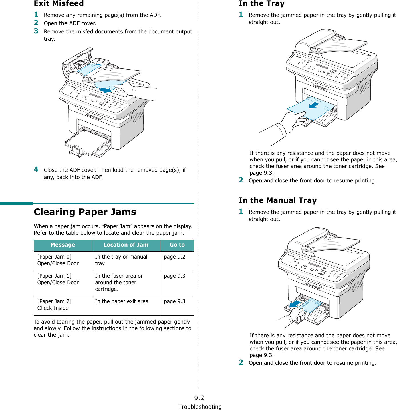 Troubleshooting9.2Exit Misfeed1Remove any remaining page(s) from the ADF.2Open the ADF cover.3Remove the misfed documents from the document output tray.4Close the ADF cover. Then load the removed page(s), if any, back into the ADF.Clearing Paper JamsWhen a paper jam occurs, &ldquo;Paper Jam&rdquo; appears on the display. Refer to the table below to locate and clear the paper jam.To avoid tearing the paper, pull out the jammed paper gently and slowly. Follow the instructions in the following sections to clear the jam. Message Location of Jam Go to[Paper Jam 0]Open/Close DoorIn the tray or manual traypage 9.2[Paper Jam 1]Open/Close DoorIn the fuser area or around the toner cartridge.page 9.3[Paper Jam 2]Check InsideIn the paper exit area page 9.3In the Tray1Remove the jammed paper in the tray by gently pulling it straight out.If there is any resistance and the paper does not move when you pull, or if you cannot see the paper in this area, check the fuser area around the toner cartridge. See page 9.3. 2Open and close the front door to resume printing.In the Manual Tray1Remove the jammed paper in the tray by gently pulling it straight out.If there is any resistance and the paper does not move when you pull, or if you cannot see the paper in this area, check the fuser area around the toner cartridge. See page 9.3. 2Open and close the front door to resume printing.