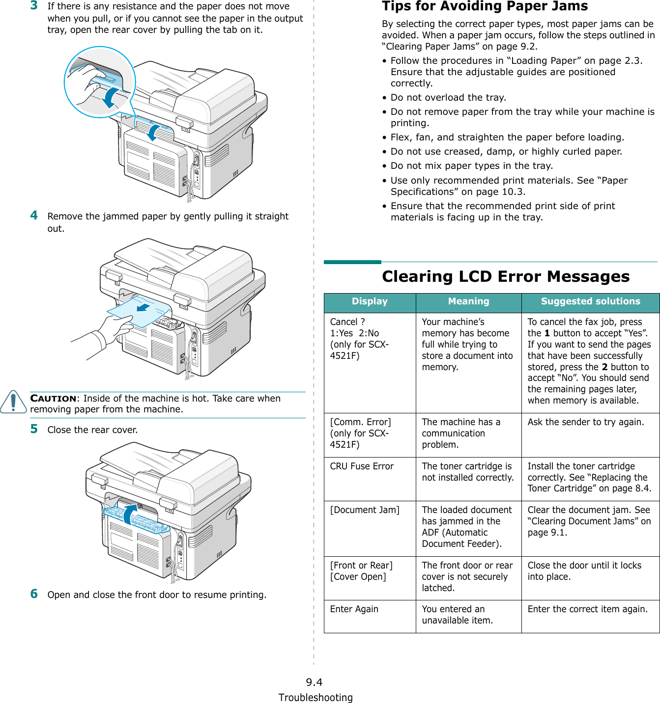 Troubleshooting9.43If there is any resistance and the paper does not move when you pull, or if you cannot see the paper in the output tray, open the rear cover by pulling the tab on it.4Remove the jammed paper by gently pulling it straight out.CAUTION: Inside of the machine is hot. Take care when removing paper from the machine.5Close the rear cover.6Open and close the front door to resume printing.Tips for Avoiding Paper JamsBy selecting the correct paper types, most paper jams can be avoided. When a paper jam occurs, follow the steps outlined in &ldquo;Clearing Paper Jams&rdquo; on page 9.2. &bull; Follow the procedures in &ldquo;Loading Paper&rdquo; on page 2.3. Ensure that the adjustable guides are positioned correctly.&bull; Do not overload the tray. &bull; Do not remove paper from the tray while your machine is printing.&bull; Flex, fan, and straighten the paper before loading. &bull; Do not use creased, damp, or highly curled paper.&bull; Do not mix paper types in the tray.&bull; Use only recommended print materials. See &ldquo;Paper Specifications&rdquo; on page 10.3.&bull; Ensure that the recommended print side of print materials is facing up in the tray.Clearing LCD Error MessagesDisplay Meaning Suggested solutionsCancel ?1:Yes  2:No(only for SCX-4521F)Your machine&rsquo;s memory has become full while trying to store a document into memory.To cancel the fax job, press the 1 button to accept &ldquo;Yes&rdquo;. If you want to send the pages that have been successfully stored, press the 2 button to accept &ldquo;No&rdquo;. You should send the remaining pages later, when memory is available.[Comm. Error](only for SCX-4521F)The machine has a communication problem.Ask the sender to try again.CRU Fuse Error The toner cartridge is not installed correctly.Install the toner cartridge correctly. See &ldquo;Replacing the Toner Cartridge&rdquo; on page 8.4.[Document Jam] The loaded document has jammed in the ADF (Automatic Document Feeder).Clear the document jam. See &ldquo;Clearing Document Jams&rdquo; on page 9.1.[Front or Rear][Cover Open]The front door or rear cover is not securely latched.Close the door until it locks into place.Enter Again You entered an unavailable item.Enter the correct item again.