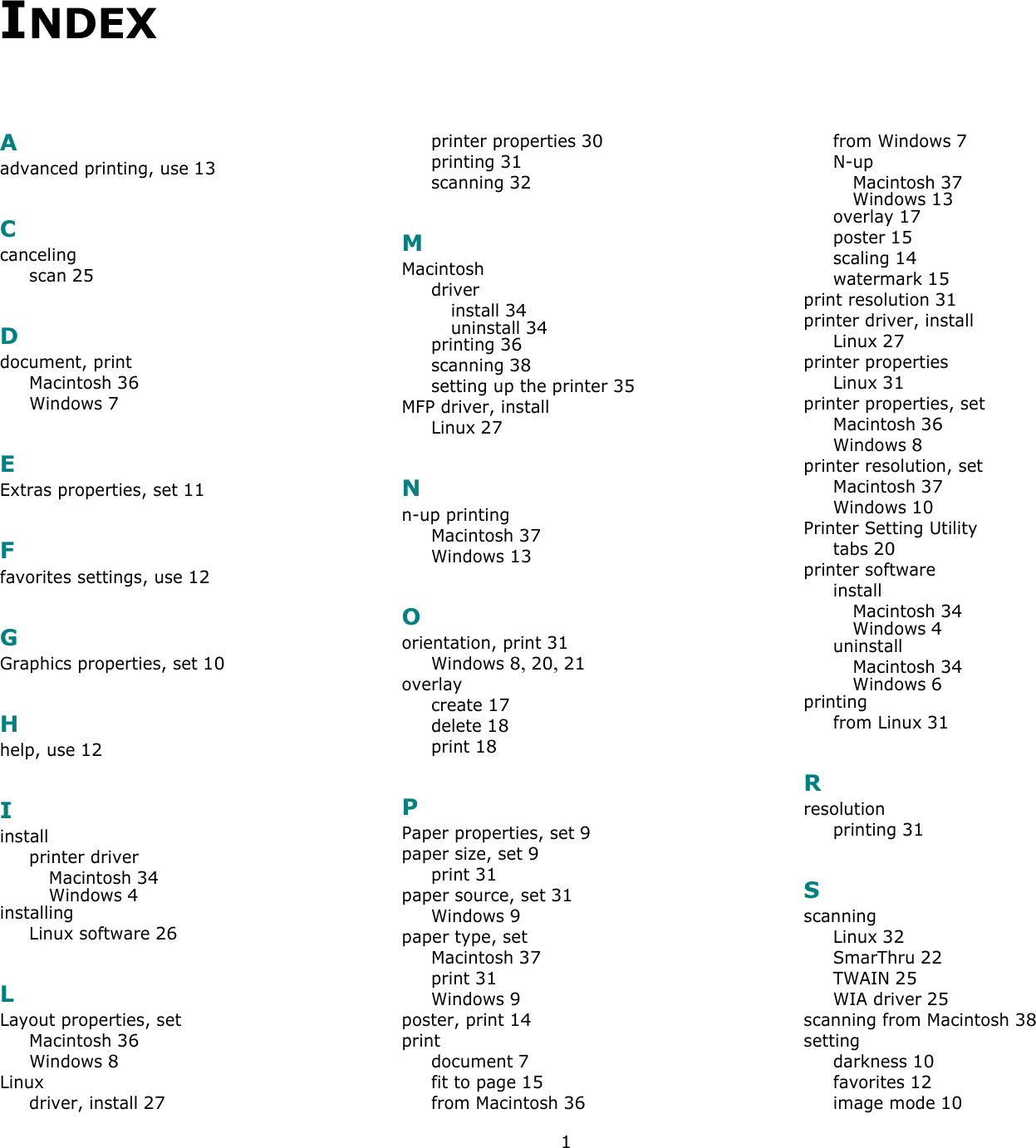 1INDEXAadvanced printing, use 13Ccancelingscan 25Ddocument, printMacintosh 36Windows 7EExtras properties, set 11Ffavorites settings, use 12GGraphics properties, set 10Hhelp, use 12Iinstallprinter driverMacintosh 34Windows 4installingLinux software 26LLayout properties, setMacintosh 36Windows 8Linuxdriver, install 27printer properties 30printing 31scanning 32MMacintoshdriverinstall 34uninstall 34printing 36scanning 38setting up the printer 35MFP driver, installLinux 27Nn-up printingMacintosh 37Windows 13Oorientation, print 31Windows 8, 20, 21overlaycreate 17delete 18print 18PPaper properties, set 9paper size, set 9print 31paper source, set 31Windows 9paper type, setMacintosh 37print 31Windows 9poster, print 14printdocument 7fit to page 15from Macintosh 36from Windows 7N-upMacintosh 37Windows 13overlay 17poster 15scaling 14watermark 15print resolution 31printer driver, installLinux 27printer propertiesLinux 31printer properties, setMacintosh 36Windows 8printer resolution, setMacintosh 37Windows 10Printer Setting Utilitytabs 20printer softwareinstallMacintosh 34Windows 4uninstallMacintosh 34Windows 6printingfrom Linux 31Rresolutionprinting 31SscanningLinux 32SmarThru 22TWAIN 25WIA driver 25scanning from Macintosh 38settingdarkness 10favorites 12image mode 10