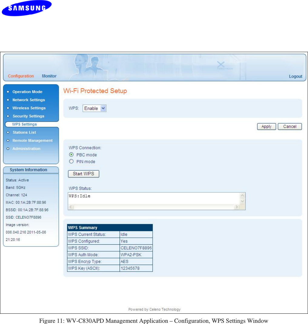   Copyright © 2012  Celeno Communications™ - All Rights Reserved    |    www.celeno.com                                                  pg. 37 Figure 11: WV-C830APD Management Application – Configuration, WPS Settings Window 