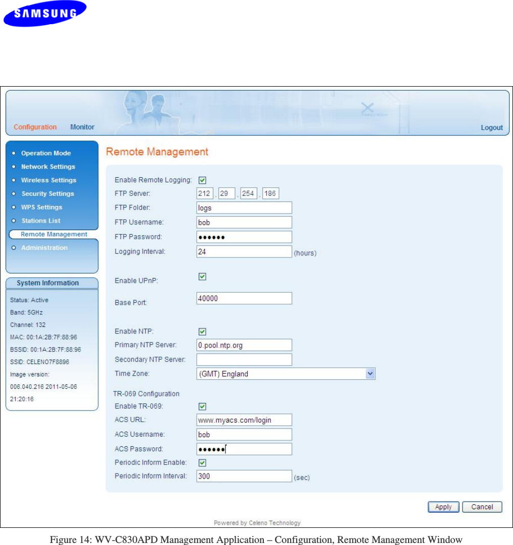   pg. 46                                                      Copyright © 2012  Celeno Communications™ - All Rights Reserved    |    www.celeno.com Figure 14: WV-C830APD Management Application – Configuration, Remote Management Window 