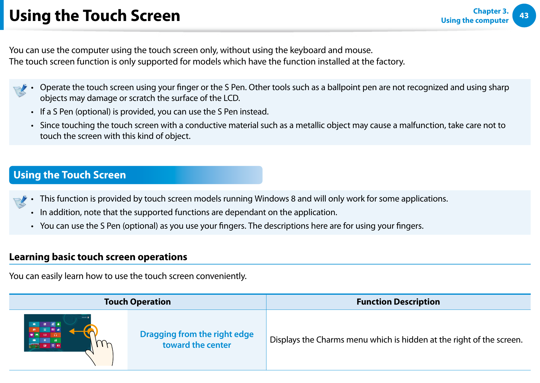 43Chapter 3.  Using the computerYou can use the computer using the touch screen only, without using the keyboard and mouse. The touch screen function is only supported for models which have the function installed at the factory.Operate the touch screen using your nger or the S Pen. Other tools such as a ballpoint pen are not recognized and using sharp • objects may damage or scratch the surface of the LCD.If a S Pen (optional) is provided, you can use the S Pen instead.• Since touching the touch screen with a conductive material such as a metallic object may cause a malfunction, take care not to • touch the screen with this kind of object.Using the Touch ScreenThis function is provided by touch screen models running Windows 8 and will only work for some applications.• In addition, note that the supported functions are dependant on the application.• You can use the S Pen (optional) as you use your ngers. The descriptions here are for using your ngers.• Learning basic touch screen operationsYou can easily learn how to use the touch screen conveniently.Touch Operation Function DescriptionDragging from the right edge toward the center Displays the Charms menu which is hidden at the right of the screen.Using the Touch Screen
