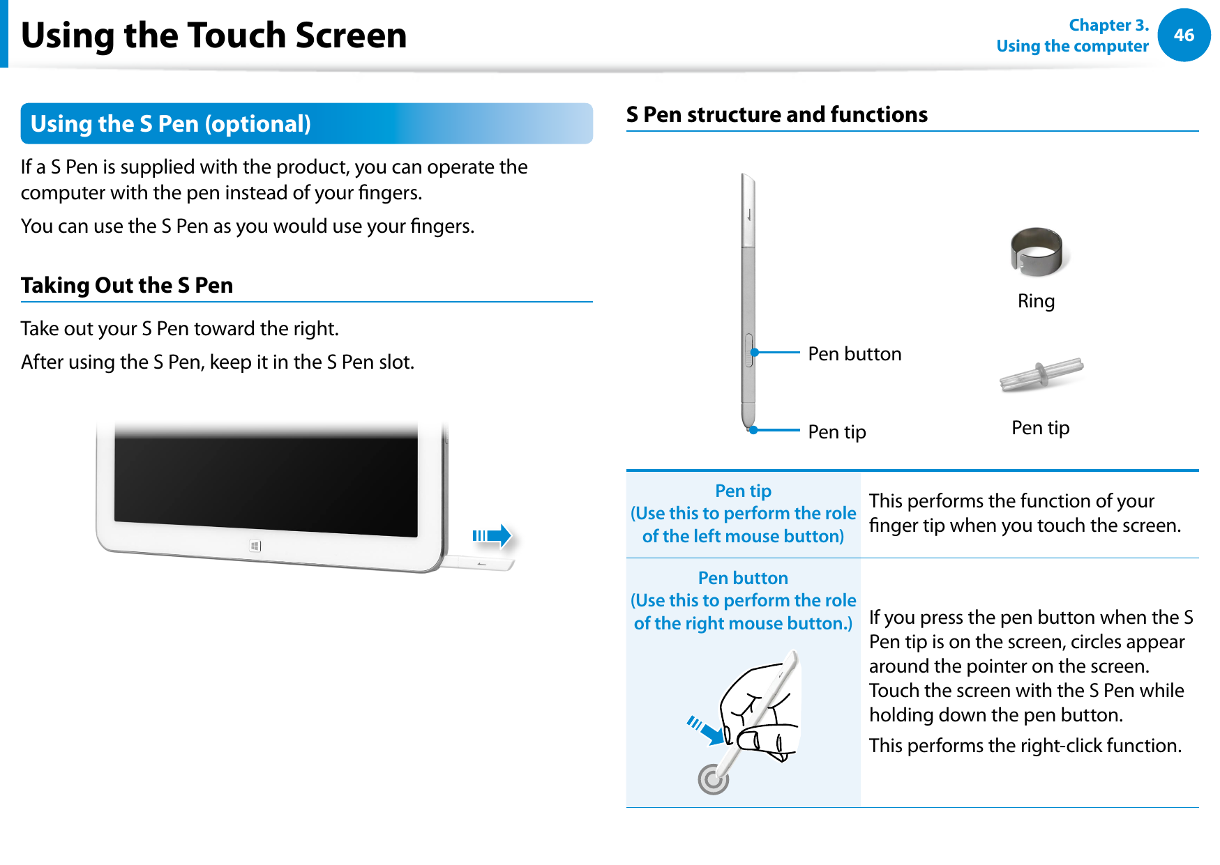 46Chapter 3.  Using the computerUsing the S Pen (optional)If a S Pen is supplied with the product, you can operate the computer with the pen instead of your ngers.You can use the S Pen as you would use your ngers.Taking Out the S PenTake out your S Pen toward the right.After using the S Pen, keep it in the S Pen slot.S Pen structure and functionsPen buttonPen tip Pen tipRingPen tip  (Use this to perform the role of the left mouse button)This performs the function of your nger tip when you touch the screen.Pen button  (Use this to perform the role of the right mouse button.) If you press the pen button when the S Pen tip is on the screen, circles appear around the pointer on the screen. Touch the screen with the S Pen while holding down the pen button.This performs the right-click function.Using the Touch Screen