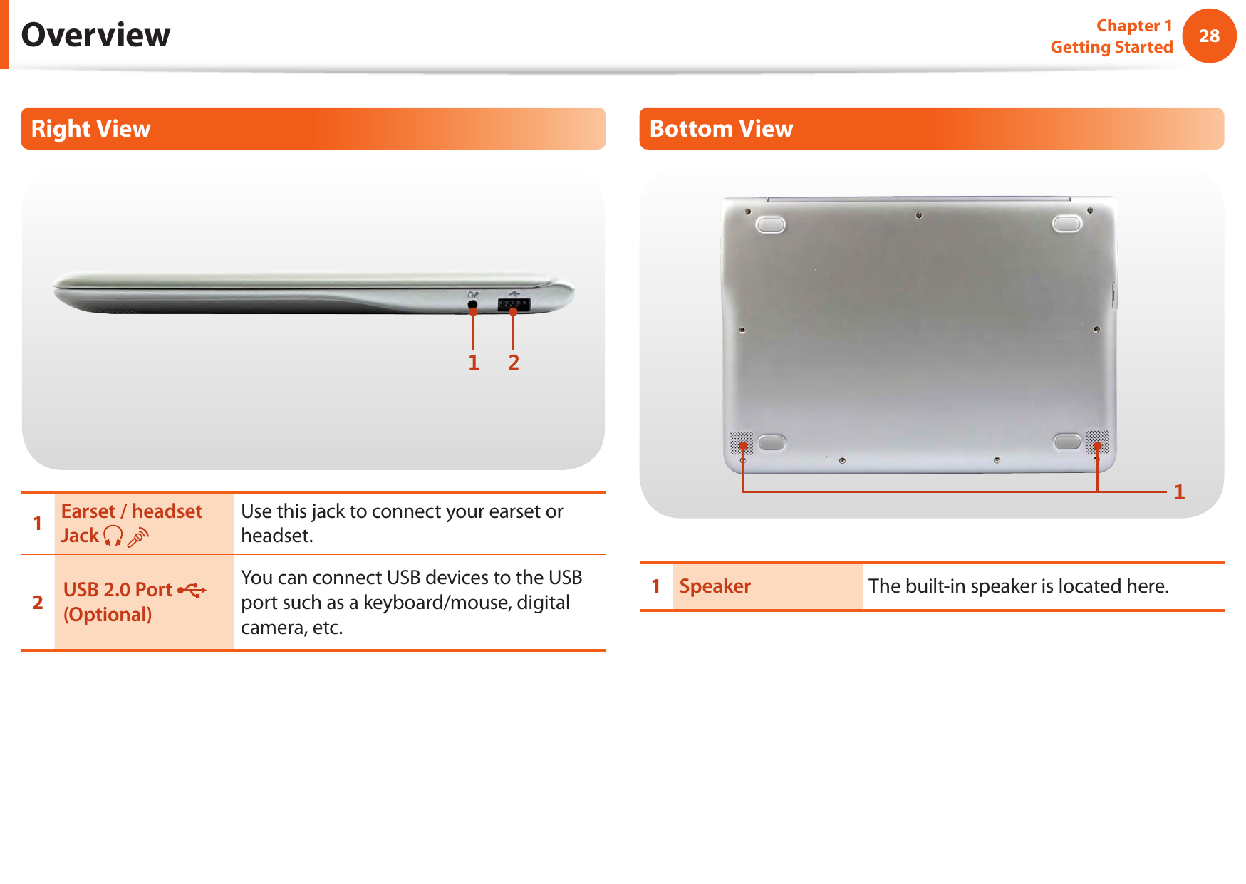 28Chapter 1 Getting StartedOverviewRight View1 21Earset / headset Jack       Use this jack to connect your earset or headset.2USB 2.0 Port   (Optional)You can connect USB devices to the USB port such as a keyboard/mouse, digital camera, etc.Bottom View11Speaker The built-in speaker is located here.