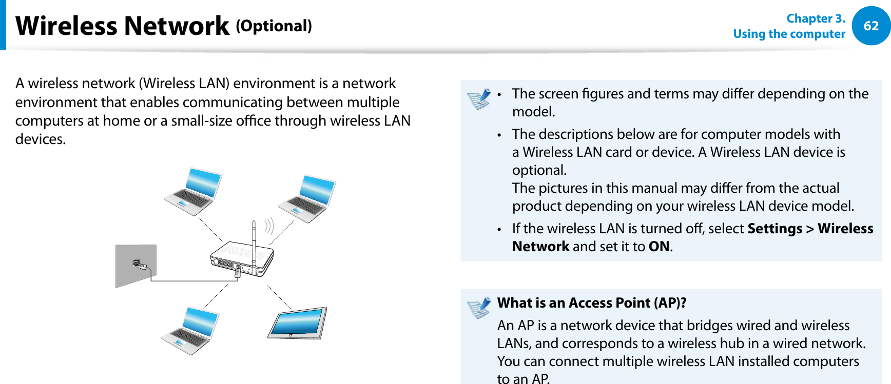 62Chapter 3.  Using the computerA wireless network (Wireless LAN) environment is a network environment that enables communicating between multiple computers at home or a small-size oce through wireless LAN devices.The screen gures and terms may dier depending on the t model.The descriptions below are for computer models with t a Wireless LAN card or device. A Wireless LAN device is optional. The pictures in this manual may dier from the actual product depending on your wireless LAN device model.If the wireless LAN is turned o, select t Settings &gt; Wireless Network and set it to ON.What is an Access Point (AP)?An AP is a network device that bridges wired and wireless LANs, and corresponds to a wireless hub in a wired network. You can connect multiple wireless LAN installed computers to an AP.Wireless Network (Optional)