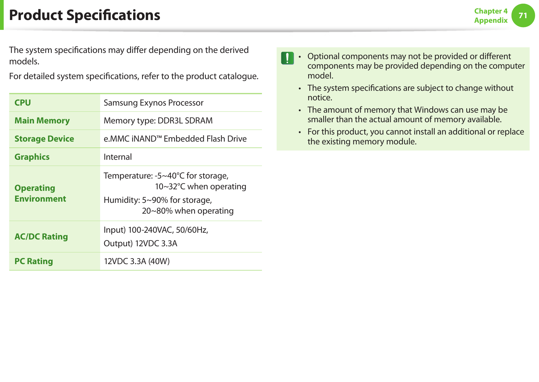 7071Chapter 4 AppendixThe system specications may dier depending on the derived models.For detailed system specications, refer to the product catalogue.CPU Samsung Exynos ProcessorMain Memory Memory type:  DDR3L SDRAMStorage Device   e.MMC iNAND&trade; Embedded Flash DriveGraphics InternalOperating EnvironmentTemperature:  -5~40&deg;C for storage,  10~32&deg;C when operatingHumidity:  5~90% for storage,  20~80% when operatingAC/DC Rating Input) 100-240VAC, 50/60Hz,Output) 12VDC 3.3APC Rating 12VDC 3.3A (40W)Optional components may not be provided or dierent &bull; components may be provided depending on the computer model.The system specications are subject to change without &bull; notice.The amount of memory that Windows can use may be &bull; smaller than the actual amount of memory available.For this product, you cannot install an additional or replace &bull; the existing memory module.Product Specications