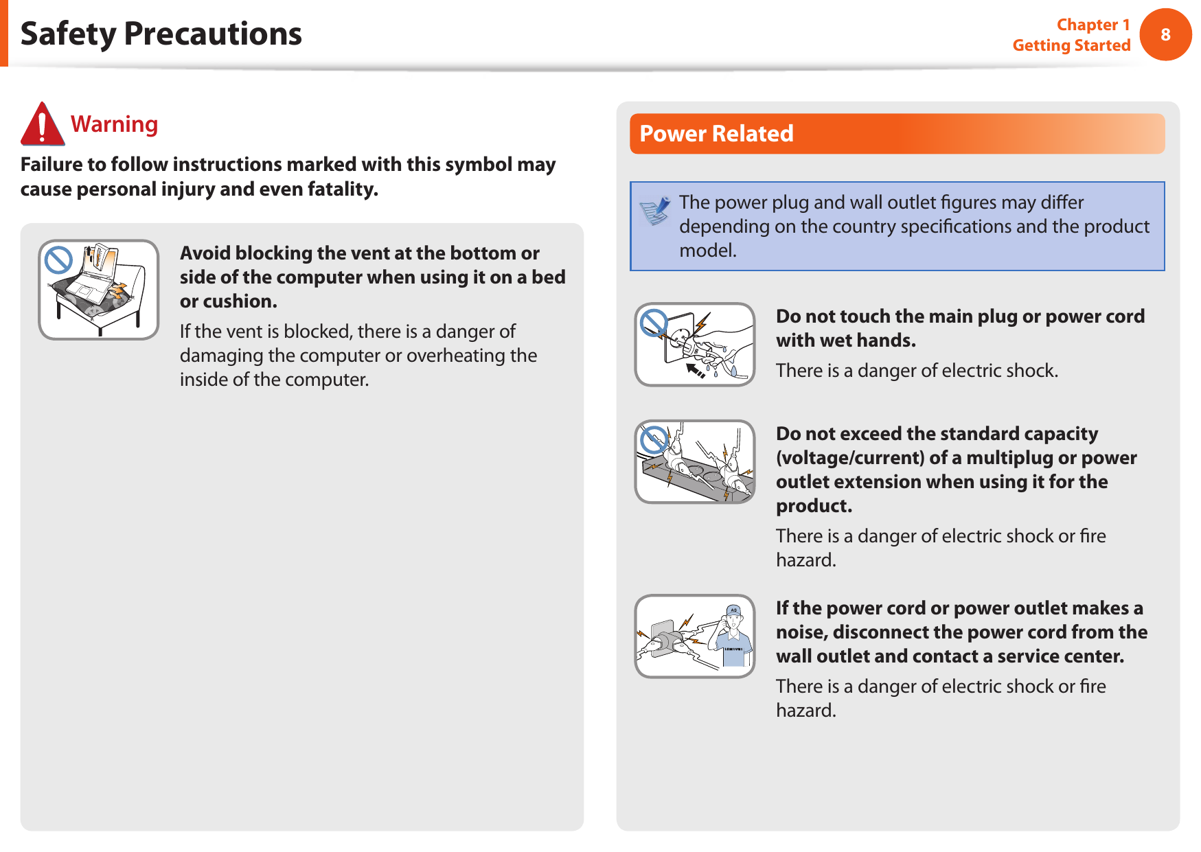 8Chapter 1 Getting StartedPower RelatedThe power plug and wall outlet gures may di er depending on the country speci cations and the product model. Do not touch the main plug or power cord with wet hands.There is a danger of electric shock.Do not exceed the standard capacity (voltage/current) of a multiplug or power outlet extension when using it for the product.There is a danger of electric shock or re hazard.GIf the power cord or power outlet makes a noise, disconnect the power cord from the wall outlet and contact a service center.There is a danger of electric shock or re hazard.Avoid blocking the vent at the bottom or side of the computer when using it on a bed or cushion.If the vent is blocked, there is a danger of damaging the computer or overheating the inside of the computer.Safety Precautions WarningFailure to follow instructions marked with this symbol may cause personal injury and even fatality.