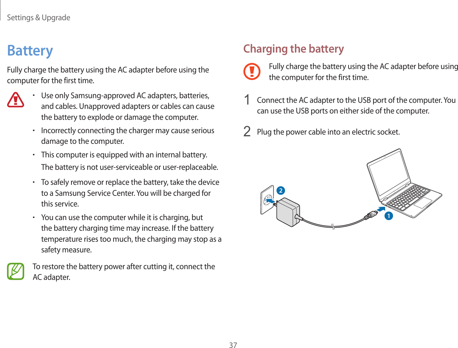 Chrome OS33Recovery (optional)Using the Recovery function, you can restore your computer when a problem occurs with your computer. You can restore your computer after creating an update image and using a USB flash drive. For more information, refer to the Recover your Chromebook (https://support.google.com/chromebook/answer/1080595).If you restore the Chromebook using a restore image, all the data saved on the Chromebook will be deleted.Performing the Update from a USB Flash Drive1  Save the recovery image to be updated onto the SD card or USB flash drive.For the procedures to save a recovery image onto the SD card or USB flash drive, refer to the Recover your Chromebook (https://support.google.com/chromebook/ answer/1080595).FAQHow can I print on a Chromebook?Chromebook supports the Google Cloud Print service for printing.If the printer supports cloud printing, you can print without connecting the Chromebook and the printer. Also, you don’t need to install the printer driver on the Chromebook.For more information about the Google Cloud Printing service, please refer to www.google.com/cloudprint.