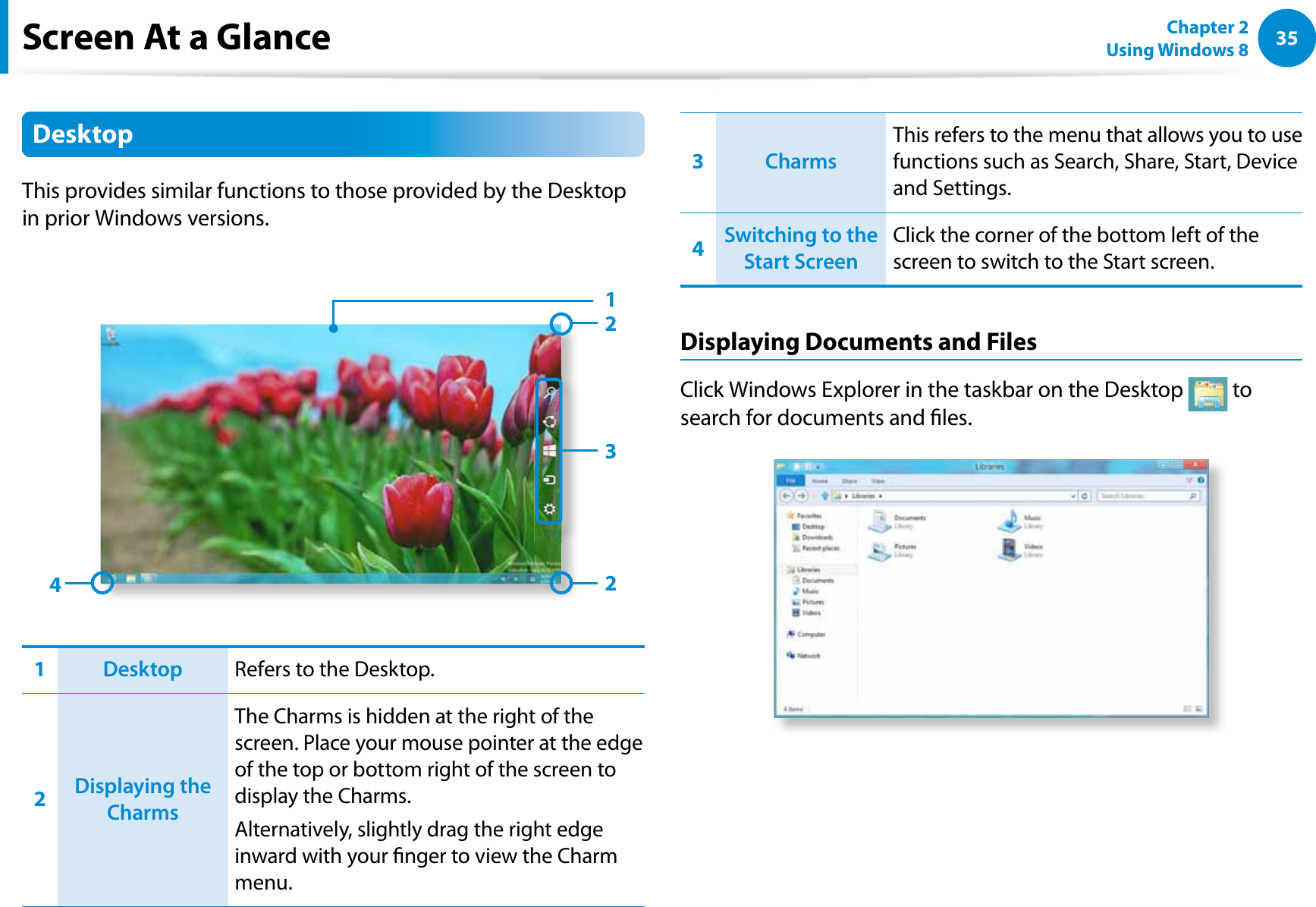 35Chapter 2 Using Windows 8  Screen At a GlanceDesktopThis provides similar functions to those provided by the Desktop in prior Windows versions. 342211Desktop Refers to the Desktop.2Displaying the CharmsThe Charms is hidden at the right of the screen. Place your mouse pointer at the edge of the top or bottom right of the screen to display the Charms.Alternatively, slightly drag the right edge inward with your nger to view the Charm menu.3CharmsThis refers to the menu that allows you to use functions such as Search, Share, Start, Device and Settings.4Switching to the Start ScreenClick the corner of the bottom left of the screen to switch to the Start screen.Displaying Documents and FilesClick Windows Explorer in the taskbar on the Desktop   to search for documents and les.