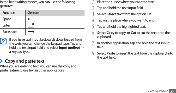 Getting started29Place the cursor where you want to start.1 Tap and hold the text input eld.2 Select 3 Select text from the option list.Tap on the place where you want to end.4 Tap and hold the highlighted text.5 Select 6 Copy to copy, or Cut to cut the text onto the clipboard.In another application, tap and hold the text input 7 eld.Select 8 Paste to insert the text from the clipboard into the text eld.In the handwriting modes, you can use the following gestures:Function GestureSpaceEnter  BackspaceIf you have text input keyboards downloaded from the web, you can change the keypad type. Tap and hold the text input eld and select Input method → a keypad type.Copy and paste text ›While you are entering text, you can use the copy and paste feature to use text in other applications.