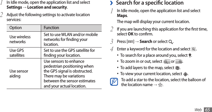 Web65Search for a specic location ›In Idle mode, open the application list and select 1 Maps.The map will display your current location.If you are launching this application for the rst time, 2 select OK to conrm.Press [3 ] → Search or select  .Enter a keyword for the location and select 4 .To search for a place around you, select • .To zoom in or out, select •  or  .To add layers to the map, select • .To view your current location, select • .To add a star to the location, select the balloon of the location name →  .In Idle mode, open the application list and select 1 Settings → Location and security.Adjust the following settings to activate location 2 services:Option FunctionUse wireless networksSet to use WLAN and/or mobile networks for nding your location.Use GPS satellitesSet to use the GPS satellite for nding your location.Use sensor aidingUse sensors to enhance pedestrian positioning when the GPS signal is obstructed. There may be variations between the sensor estimates and your actual location.