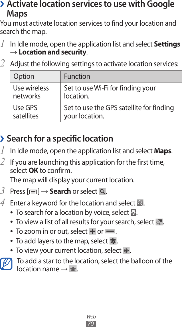 Web70Activate location services to use with Google  ›MapsYou must activate location services to find your location and search the map.In Idle mode, open the application list and select 1 Settings → Location and security.Adjust the following settings to activate location services:2 Option FunctionUse wireless networksSet to use Wi-Fi for finding your location.Use GPS satellitesSet to use the GPS satellite for finding your location.Search for a specific location ›In Idle mode, open the application list and select 1 Maps.If you are launching this application for the first time, 2 select OK to confirm.The map will display your current location.Press [3 ] → Search or select  .Enter a keyword for the location and select 4 .To search for a location by voice, select  ●.To view a list of all results for your search, select  ●.To zoom in or out, select  ● or  .To add layers to the map, select  ●.To view your current location, select  ●.To add a star to the location, select the balloon of the location name →  .