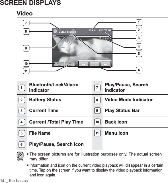 14 _ the basicsSCREEN DISPLAYSVideo1Bluetooth/Lock/AlarmIndicator 7Play/Pause, Search Indicator2Battery Status 8Video Mode Indicator3Current Time 9Play Status Bar4Current /Total Play Time10Back Icon5File Name11Menu Icon6Play/Pause, Search IconThe screen pictures are for illustration purposes only. The actual screen may differ.Information and icon on the current video playback will disappear in a certain time. Tap on the screen if you want to display the video playback information and icon again.Video Track 11131287469105NOTE