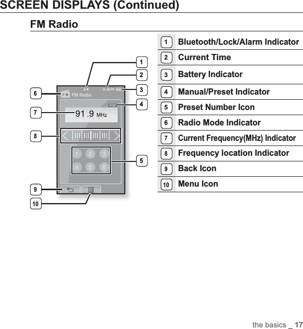the basics _ 17SCREEN DISPLAYS (Continued)FM Radio1Bluetooth/Lock/Alarm Indicator2Current Time3Battery Indicator4Manual/Preset Indicator5Preset Number Icon6Radio Mode Indicator7Current Frequency(MHz) Indicator8Frequency location Indicator9Back Icon10Menu IconFM Radio31258910476