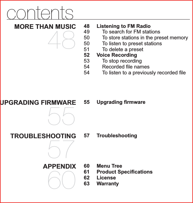 TROUBLESHOOTING5757  TroubleshootingAPPENDIX6060 Menu Tree61 Product Speciﬁ cations62 License63 WarrantycontentsMORE THAN MUSIC4848  Listening to FM Radio49  To search for FM stations50To store stations in the preset memory50  To listen to preset stations51  To delete a preset52 Voice Recording53  To stop recording54 Recorded ﬁ le names54  To listen to a previously recorded ﬁ leUPGRADING FIRMWARE5555 Upgrading ﬁ rmware