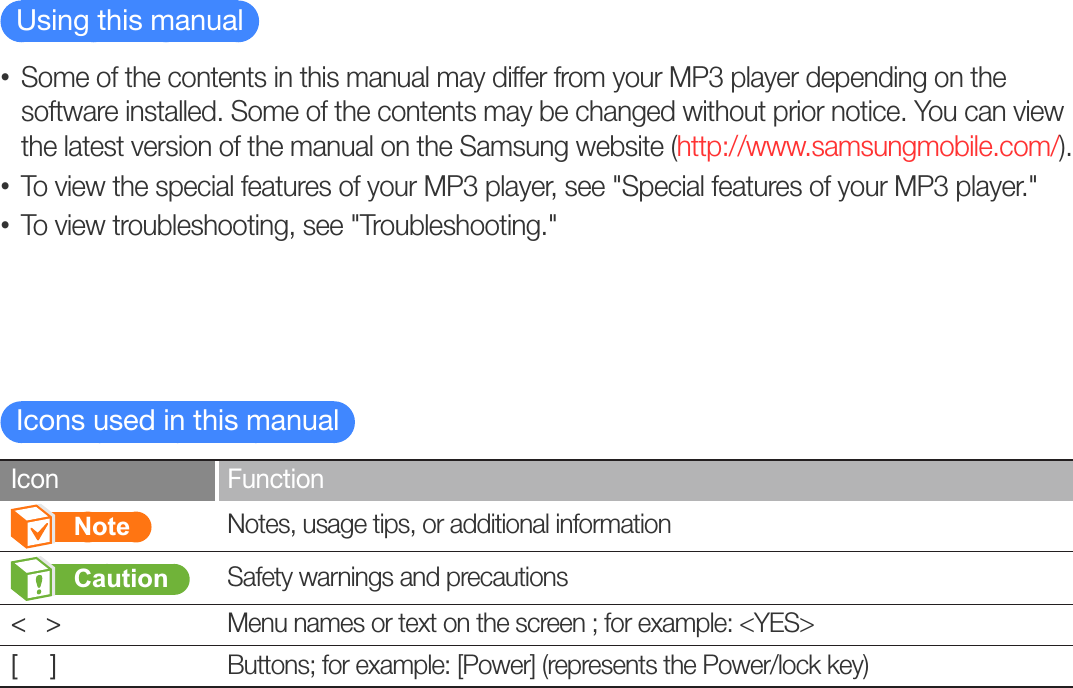   Using this manual  Some of the contents in this manual may differ from your MP3 player depending on the • software installed. Some of the contents may be changed without prior notice. You can view the latest version of the manual on the Samsung website (http://www.samsungmobile.com/).To view the special features of your MP3 player, see &quot;•  Special features of your MP3 player.&quot;To view troubleshooting, see &quot;•  Troubleshooting.&quot;  Icons used in this manual  Icon Function        Note   Notes, usage tips, or additional information       Caution   Safety warnings and precautions&lt;   &gt; Menu names or text on the screen ; for example: &lt;YES&gt;[     ] Buttons; for example: [Power] (represents the Power/lock key)